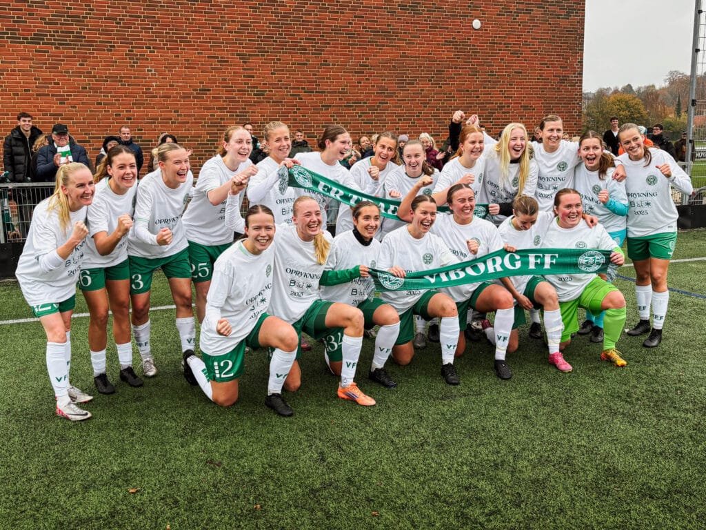 Viborg FF spillerne jubler efter oprykningen til B-Ligaen er sikret. Foto: Viborg FF